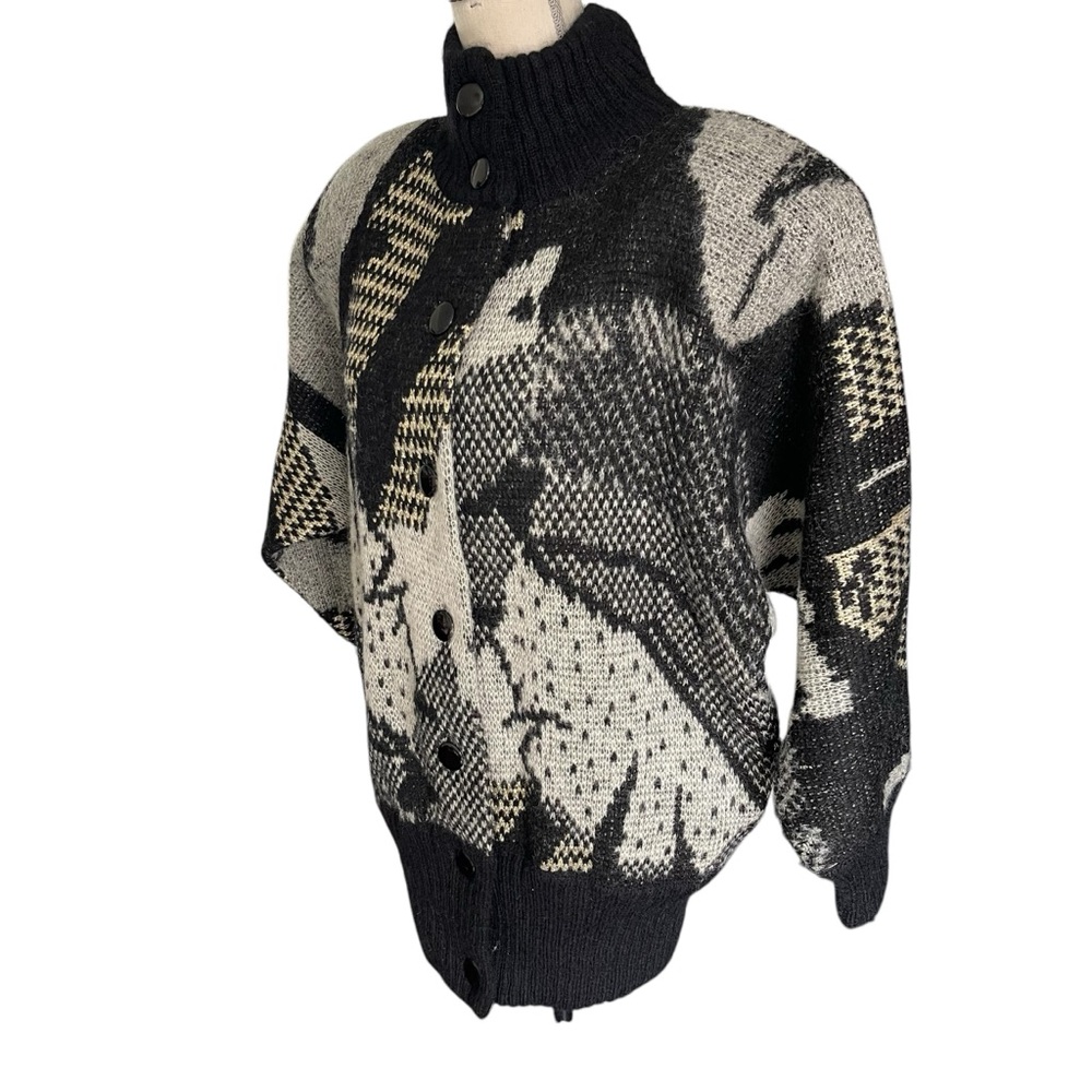 Vintage 80's Black/Grey/Gold Pattern Mohair High Neck Button Front Cardigan (M) - Picture 9 of 16